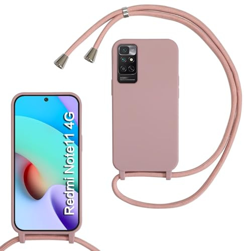 FERLAN Coque pour Xiaomi Redmi Note 11 4G avec Cordon,Collier pour Étui en Silicone Liquide avec Portable Sangle réglable Bandouilière Lanyard Colliers,Housse Anti-Choc Case Redmi Note 11S,Sable,Rose