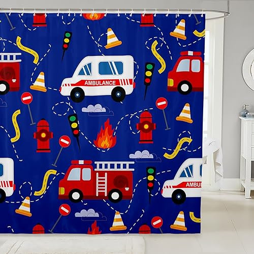 Bedluxy Fire Truck Car Shower Curtain Cartoon Fire Truck Bath Curtain for Kids Fire Engine Bathroom Shower Curtain Set Cartoon Ambulance Car Kids Bathroom Accessories 59x71 Inch