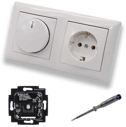 Busch Jäger 6523U-102 LED Drehdimmer Dimmer + Scheibe 2115-914 und Steckdose mit Kinderschutz 20EUCKS-914 in Balance Si alpinweiß glänzend inkl. EBROM Phasenprüfer zur Montage der Geräte 6523 U – 102
