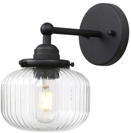 Yosoan Industrial Ribbed Wall Light,Kitchen Bedroom Wall Sconce Lights | 6.3” Glass Lampshde, E27 Wall Mount Light Fitting (Black)
