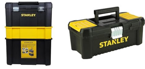 STANLEY Essential Rolling Workshop Toolbox, 3 Tier Stackable Units, STST1-80151 & STST1-75515 Low Essential Tool Box, Black/Yellow, 12.5-Inch