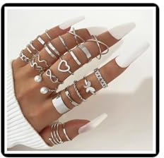 Dishowme Moon Star Infinity Ring Set Punk Herz Schmetterling Knöchelring Kristallperle Blume Fingergelenk Band 10/14/22Pcs Schmuck für Frauen Männer Mädchen (Silber A)