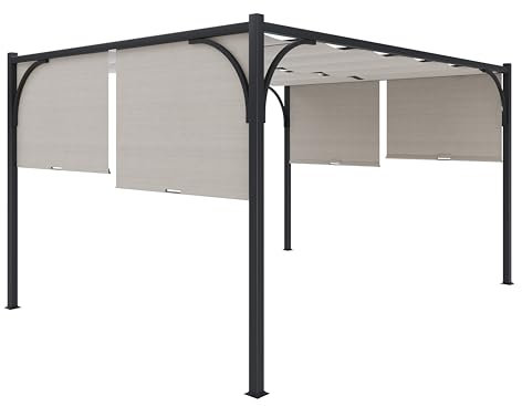 Pergola Gazebo 3x4 M Struttura Nera In Acciaio Pergolato Con Tetto Scorrevole Telo Impermeabile Richiudibile Retrattile Giardino Terrazzo Piscina Esterno Campeggio (3 x 4 M, Beige)