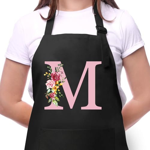 Personalisierte Initialen Schürzen Damen, Kochschürze Baumwolle Verstellbare Küchenschürze mit Taschen zum Kochen, Backen, Geschenk für Frauen Mama Oma Freundin zum Geburtstag Muttertag Weihnachten M
