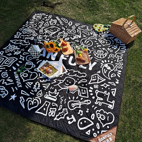 XQKXHZ Couverture Pique Nique 200 x 200 cm,Tapis de Plage Pliable Noire avec Motif de Dessin Animé,Couverture de Plage sans Sable,Natte de Plage en Plein air pour Pique-Nique,Plage,Camping