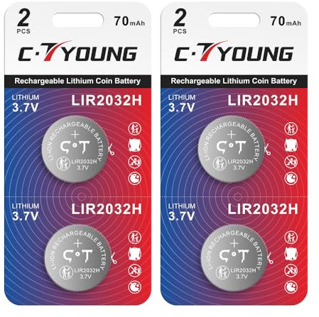 Pack of 4 Lir2032H Rechargeable Coin Batteries 3.7 V for Key Fob Remote Finder Tracker Tag with High Capacity 70 mAh Lithium 2032 Rechargeable Button Cells Replace 3 V Cr2032 Battery