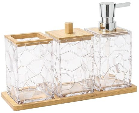 INTCHE Ensemble D'Accessoires de Salle de Bain avec Plateau, Distributeur de Savon en Bambou, Porte-Brosse à Dents, BoîTe à Coton-Tige en Acrylique Transparent