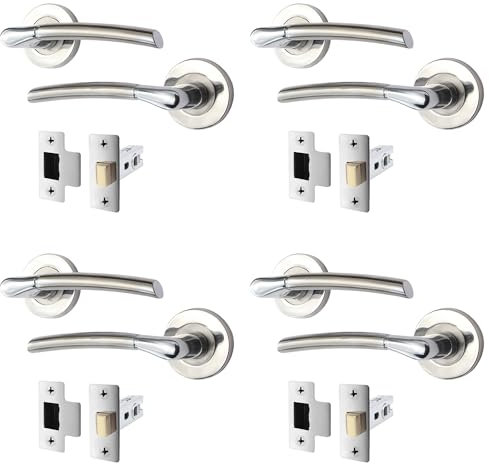 EAI Internal Door Handle + Latch Set Duo Finish | 4 Pairs Satin Nickel and Polished Chrome Lever on Rose Round | Latch (64mm)