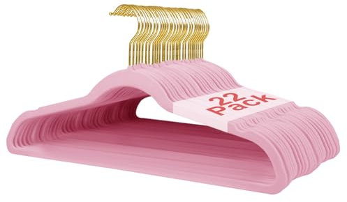 Wellong Kleiderbügel Samt, 45 cm rutschfeste Filz Bügel, Stabile Anzugbügel mit Schulterkerben, Platzsparende Kleiderbügel für Mäntel, Hosen, Silbe, 22 Stück – Rosarot mit Goldene Haken