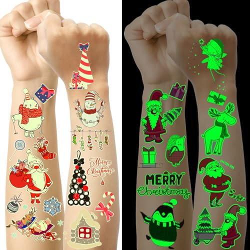 Weihnachten Kinder Tattoo, 12 Blatt Leuchttattoos Weihnachtsdeko, Kleinigkeiten für Adventskalender Füllung, Weihnachtsgeschenke Nikolaus Geschenke