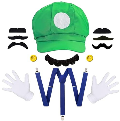 KEELYY Mari Kostüm Accessories Set, Grün Mütze Handschuhe Bart gelbe Knöpfe für Kinder Damen Herren Cosplay Fasching Karneval Halloween Mottoparty