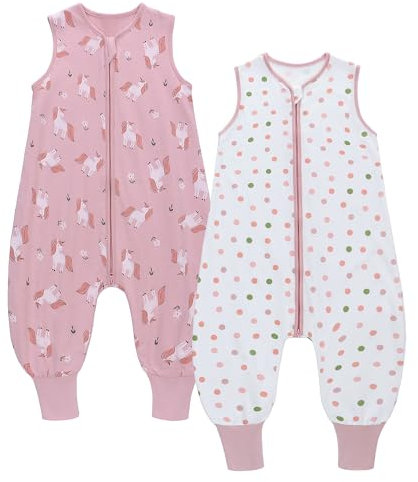 2er Pack Baby Schlafsack Sommer mit Füßen 0.5 Tog 100% Baumwolle Kinder Sommerschlafsack für Jungen und Mädchen (Pony + Punkt, L/95-105CM)