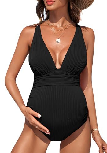 Happy Cherry Maternity Swimsuits One Piece V-Neck Pregnancy Swimwear Push Up Padded Beach Bathing Suits for Women S Black