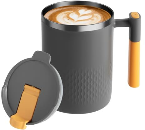 OITUGG 450ml Desk Mug, Coffee Cup with Stainless Steel Inner, Thermal Mug with Handle and Lids, Double Walled Designed, for Hot or Cold Drinks, Keep up to 2 Hours, Size 4.52 x 3.15 Inch, Black