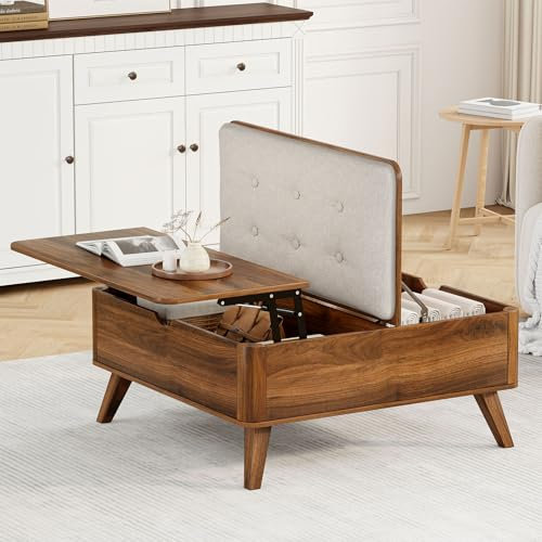 Flycity Couchtisch Höhenverstellbar mit Stauraum, Wohnzimmertisch Klappbar Modern, Dicke Kissen, Quadratisch Sofa Tisch, Weißer Holz Kaffeetisch für Wohnzimmer, Beine aus Massivholz, Walnuss