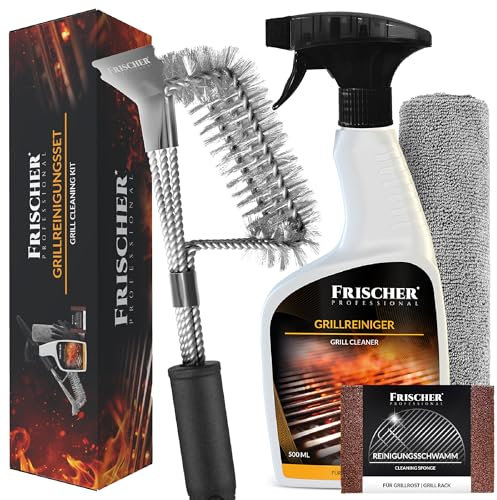 FRISCHER PROFESSIONAL Grillreiniger Set 4-teilig: Grillrost-Reiniger 500 ml + Grillbürste + Mikrofasertuch & Schwamm - Zur effizienten Reinigung & Pflege von Grill, Grillrost