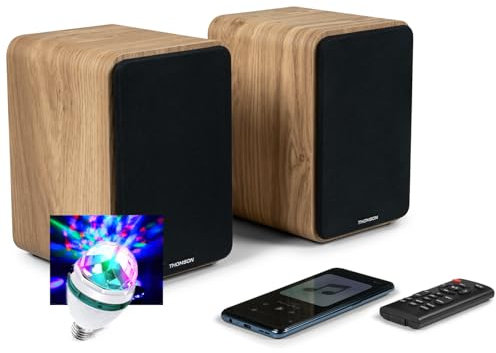 Pickering Enceintes de bibliothèque, Caisson Bois Cosy - 100W - Thomson WS602DUO - Bluetooth 5.0, Entrée Optique câble Inclus, DIAMS LED