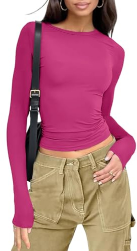 Womens Long Sleeve Tops Slim Fit Crop Blouse Round Neck Basic Shirts Solid Color Casual Tees(Hot Pink,L)