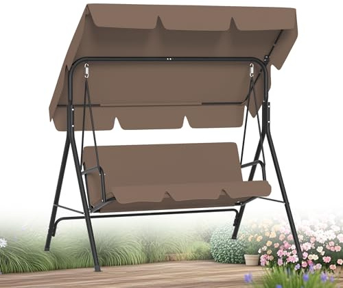 XMTECH Hollywoodschaukel 3-Sitzer Gartenschaukel mit Sonnendach 175cm Braun | Stabiler Stahlrahmen bis 200 kg, verstellbar, komfortable Kissen, ergonomische Armlehnen für Terrasse, Balkon und Garten