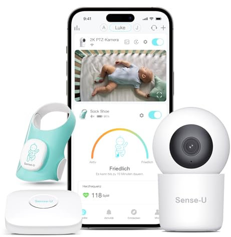 Sense-U Baby-Sockenschuh Bundle: Intelligenter Monitor mit Socken-Schuh + 2K-PTZ-Kamera – Überwacht Herzfrequenz, Schlafbewegungen, Herzschlag, Schwenk-Neige-Zoom-Video, KI-Schreierkennung & Audio