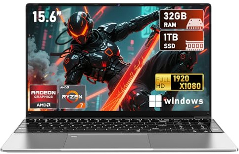 CHIFUYOU 2025 Laptop mit R7 5700U (8C/16T, bis zu 4,3 GHz) Gaming-Laptop, 32 GB RAM, 1 TB SSD, 15,6 Zoll FHD-Display, Radeon RX Vega 8 Grafik, 5-Stunden-Akku, Hintergrundbeleuchtung, USB3.2, Typ-C