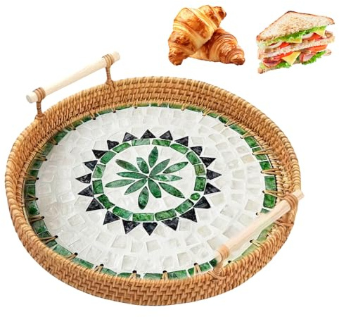 Rattan Serviertablett Mit Griffen, Handgewebtes Wicker-Tablett Deko Für Frühstück, Getränke, Snacks, Desserts, Brot, Kerzen, Früchte (Blau, 28cm Durchmesser) – Natürliche Handwerkskunst