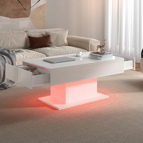 KEEPREAPER White Led Coffee Table with 2 Storage Drawers for Living Room, Living Room Table Rectangular Center Table, Modern High Glossy Wooden Coffee Tables with Lights for Dining Reception Room
