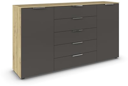 Rauch Möbel Flipp, Kommode, Farbe Graphit/Eiche Artisan, Breite 180 cm | Sideboard, 2-türig, 5 Schubladen, Soft-Close-Funktion, für Schlafzimmer, Gästezimmer, Wohnzimmer, Garderobe, Flur