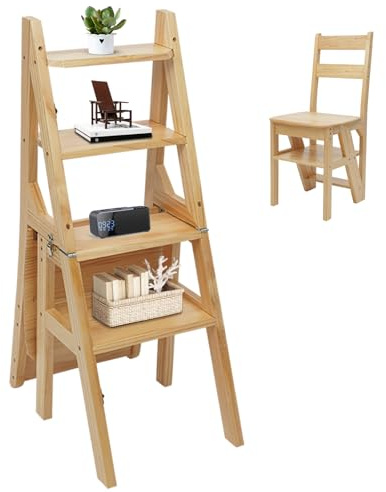 Klappleiter mit Sitz | 4 Stufen Kiefernholz-Leiter & Hocker in Einem | 100kg Traglast, Höhenverstellbar für Küche, Bibliothek & Haushalt | Stabil & Platzsparend (Holzfarbe)