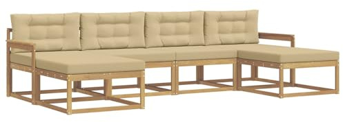 vidaXL Outdoor-Sofagarnitur mit Kissen 6 pcs Weiß und Beige, Moderne Akazien-Gartenmöbel, wetterfester Sofa-Set, stylische Sitzgelegenheit für Terrasse und Pool