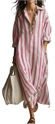 Ansenesna Blusenkleid Damen Langarm Elegant Sommerkleid Damen Lang Leicht Tunika Kleid Sommer Gestreift Maxikleider mit Ärmel Strand Kleider Frauen V Ausschnitt Casual Hemdblusenkleid mit Taschen