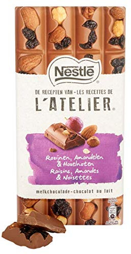 Tablette Chocolat au Lait Raisin et Amande | Nestlé | L'ATELIER Raisins au Chocolat au Lait Noisettes et Amandes | Poids total 195 grammes