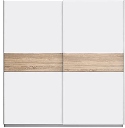FORTE WINNER PLUS Schrank 200, Kleiderschrank Schwebetürenschrank Skandinavisch Schlafzimmer 2-türig Einlegeböden Kleiderstange Weiß / Holzdekor: Sonoma Eiche, 200 cm breit x 210 cm hoch x 61 cm tief