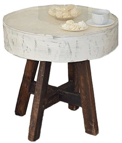 Antyki24 Tisch Metall Shabby Chic | Eisentisch Mit Holzplatte In Weiß Mahagoni | Kaffeetisch Bistrotisch Für Wohnzimmer Küche Garten | Esstisch Rund 57 x 60 cm Vintage