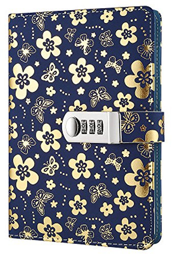 Journal en Cuir PU écriture Carnet,Journal Ligné Carnet de Notes avec Serrure à combinaison Cahier Journal Bloc-notes Tpn102 Golden flowers