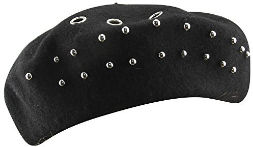 MINAKOLIFE Damen Solide Wolle Französisch Künstler Mütze Baskenmütze Hut mit Niet Baskenmütze (Schwarz)