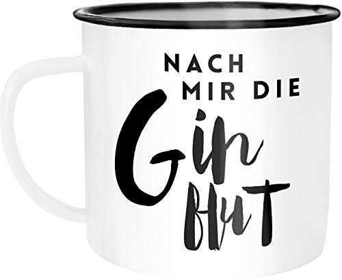Moonworks Emaille Tasse Becher Nach mir die Ginflut Gin Spruch Wortspiel Kaffeetasse weiß-schwarz unisize