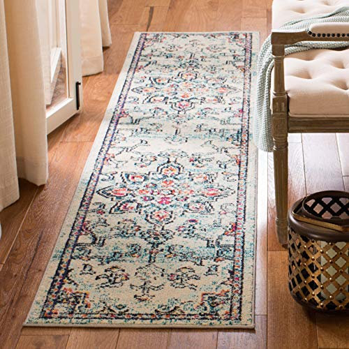 Safavieh Tapis Boho pour Salon, Salle à Manger, Chambre à Coucher - Madison Collection, Tapis à Poil Court, Crème et Bleu, 76 x 244 cm