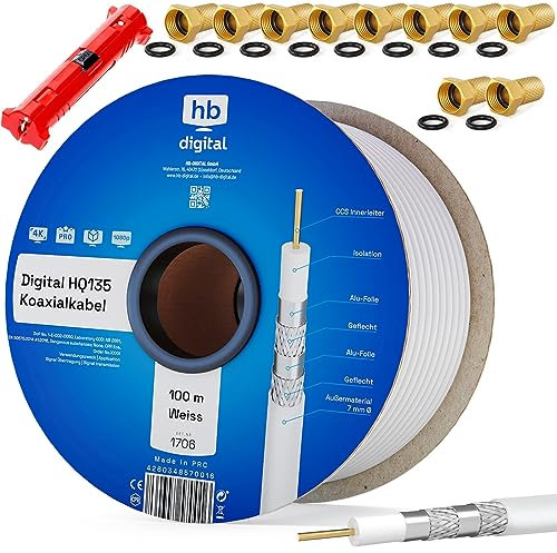 HB-DIGITAL HQ-135 PRO 100m 135dB Câble SAT coaxial 4 fois blindé avec dénudage et 10 fiches F dorées Câble d'antenne pour systèmes DVB-S / S2 / S2X DVB-C et DVB-T / T2 BK UHD 4K Full HD 3D