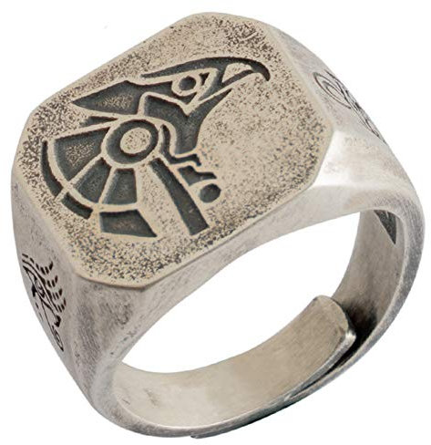 Vintage 925 Sterling Silber ägyptischer Gott Pharao Guard Horus Ring mit dem Auge des Horus und Ankh Kreuz für Herren Damen Offen Verstellbar