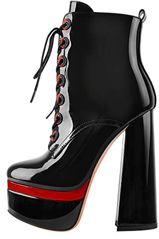 Only maker Unisex Double Platform Lace Up Ankle Boots with Chunky Heels Lack Black EU 35