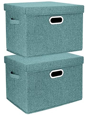 TYEERS Large Storage Box with Lid, Collapsible, Washable, Fabric Storage Box for Clothes, Wardrobe Storage, 44x30x29 cm, Set of 2, Aqua Deep