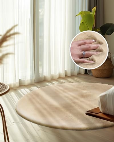 Qiyano Teppich Wanga Hochflor - Fellimitat, flauschig, weich, Soft, kuschelig, einfarbig, Pastell - Wohnzimmer, Schlafzimmer, Kinderzimmer, Büro - Farbe: Beige, Größe: Ø 160 cm RUND