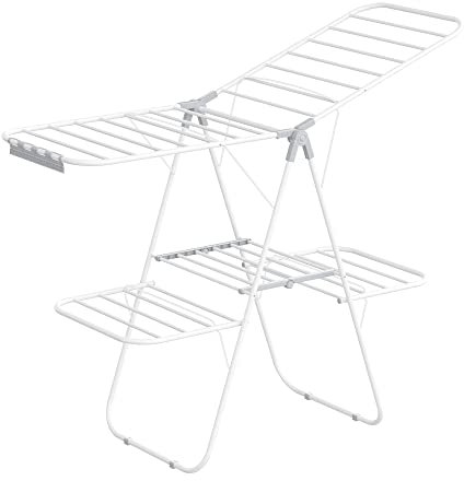 SONGMICS Wäscheständer mit 2 Ebenen, klappbarer Standtrockner, Flügelwäscheständer, höhenverstellbare Flügel, freistehend, für Innen- und Außenbereich, Bettwäsche, Kleidung, weiß-grau LLR053G01