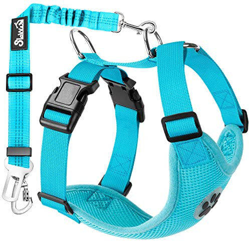 SlowTon Hundegeschirr mit Sicherheitsgurt für Auto, atmungsaktives Geschirr Hund, Sicherheitsgurt mit 2 Karabinerhaken zur Befestigung am Sicherheitsgurt-Schnalle oder Kofferraum(Hellblau, L)