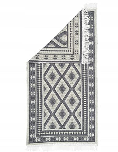 e-floor Teppich für Wohnzimmer Baumwolleteppich | Gewebt | Doppelseitiges Muster | Boho Kelim Teppiche | Teppichläufer | Küchenteppich | Schlafzimmer | Rahmen Anthrazit | 70x140 cm