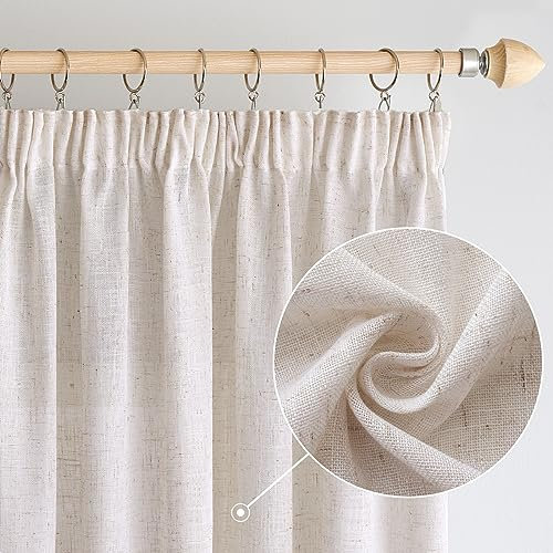 Woaboy Leinen Gardinen mit Kräuselband Vorhänge Wohnzimmer Leinenoptik Halbtransparent Stores Gardine Schlafzimmer Modern Schlaufengardinen 2er Set 140x260cm (BxH) Gebleichtes Weiß