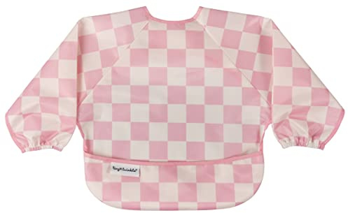 Tiny Twinkle Mess Proof Baby Lätzchen Langarm Lätzchen Outfit Wasserdicht Lätzchen für Kleinkinder Maschinenwaschbar Zerrsicher, Rosa Karomuster, 6-24M
