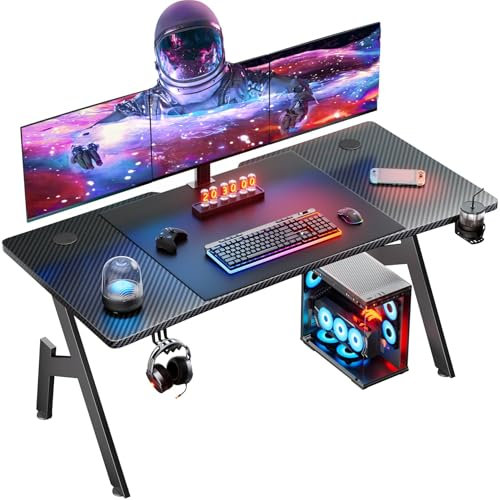 DLONGONE Gaming Desk 120 x 60cm, Computer Gaming Desk, Gaming PC Desk for Home Office, A Shaped Gaming Table with Cup Holder and Headphone Hook, Simple Assembly, Black