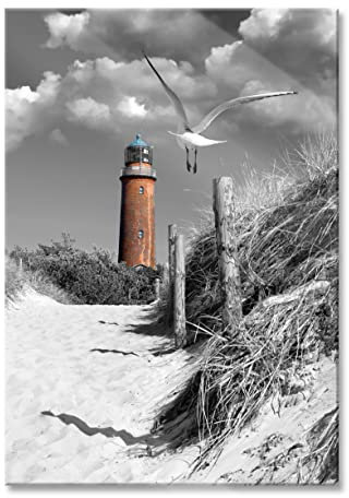 Pixxprint Glasbild, Wandbild aus Echtglas, Leuchtturm mit Möwe an Strandweg, 40x60 cm, inkl. Aufhängung und Abstandshalter